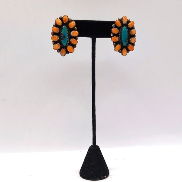 L. Bahe Native American Sterling Silver Turquoise & Spiny Oyster Signed Earrings - Picture 5 of 16